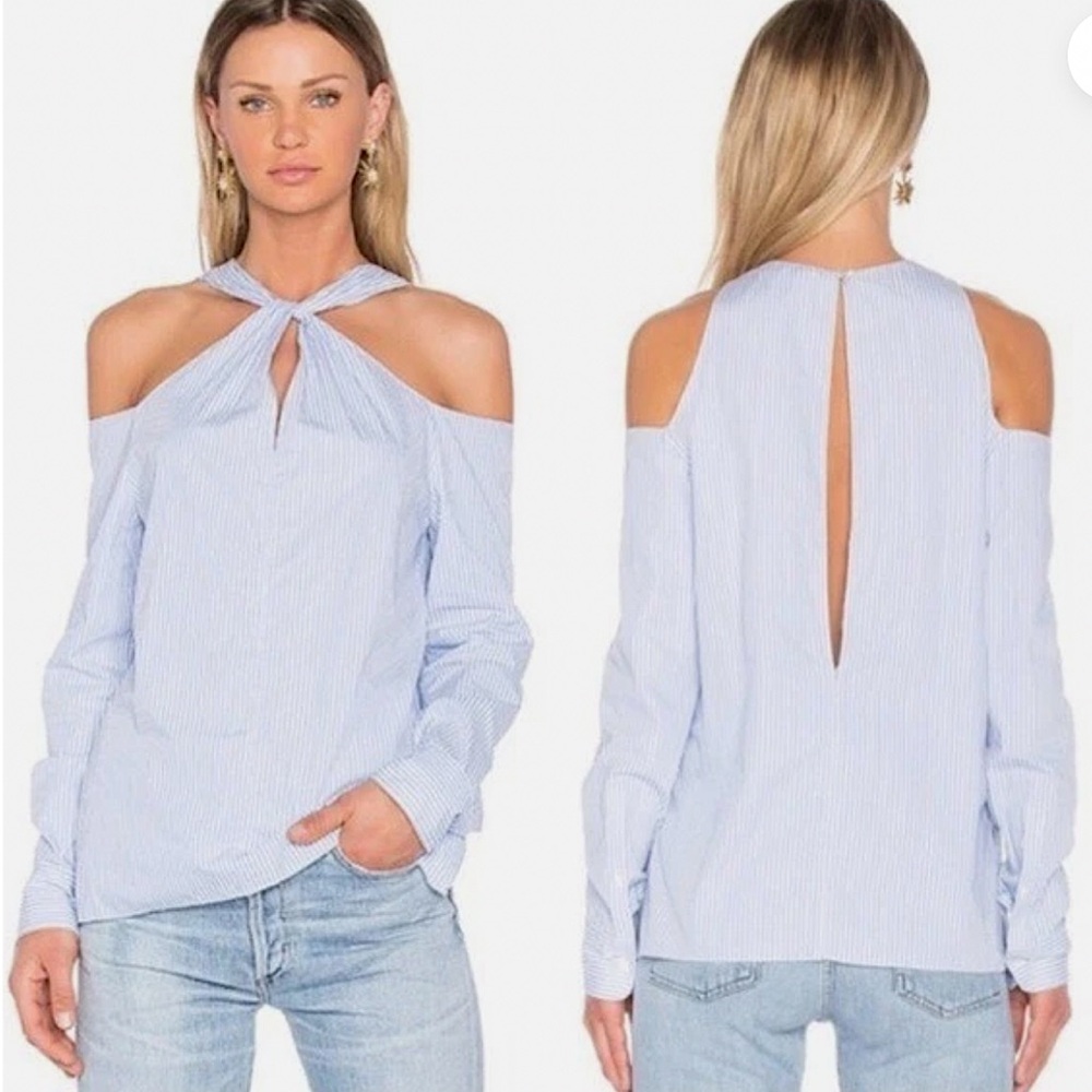 RAG AND BONE COLLINGWOOD COLD SHOULDER BLUE & WHITE PIN STRIPE TOP! 
Size Small.
